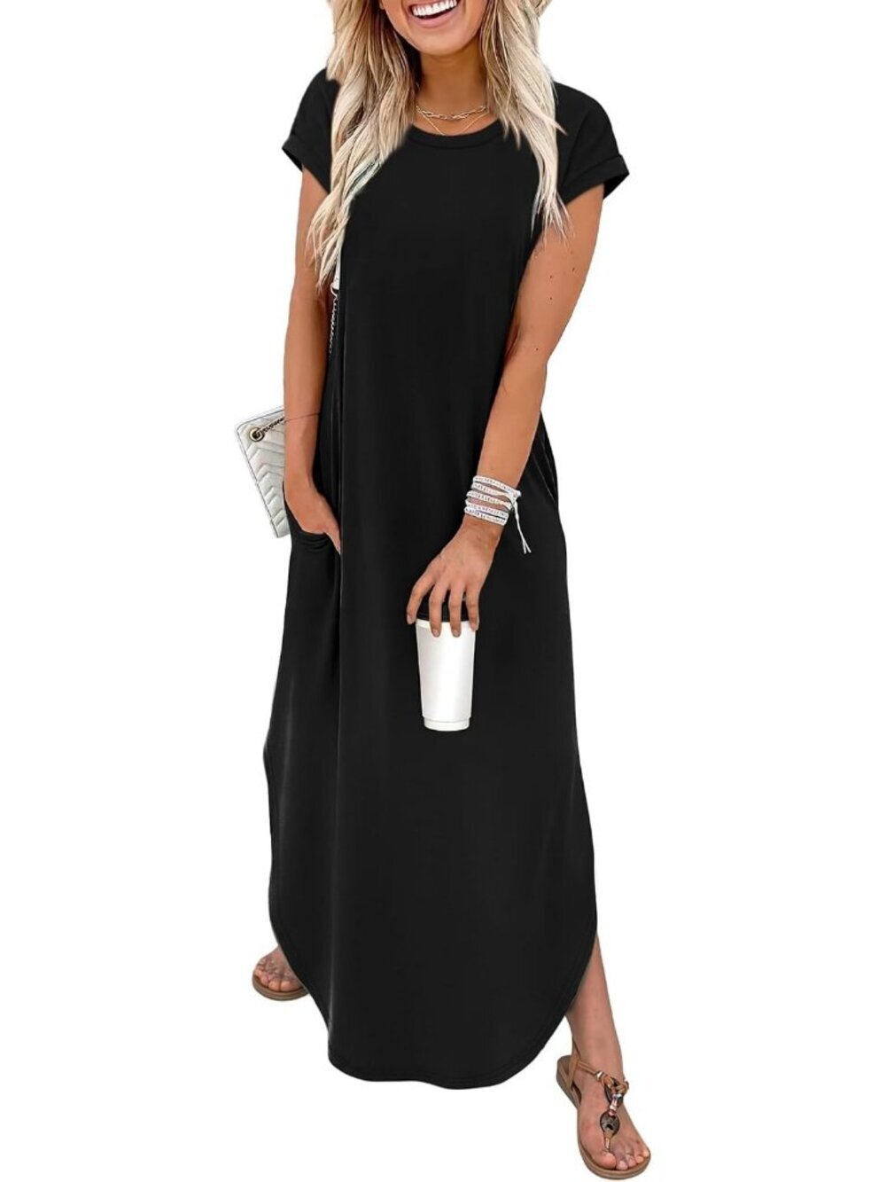 Women's Black Cap Sleeve Crewneck Pockets Beach Vacation Casual Long Maxi Dress